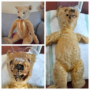 Foto eines Bärens vor und nach der professionellen Reparatur durch die Künstlerin Rosmarie Kunz - Biel.