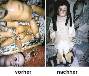 Bild einer Porzellanpuppe vor und nach der Repparatur von der Künstlerin Rosmarie Kunz - Biel/Bienne.